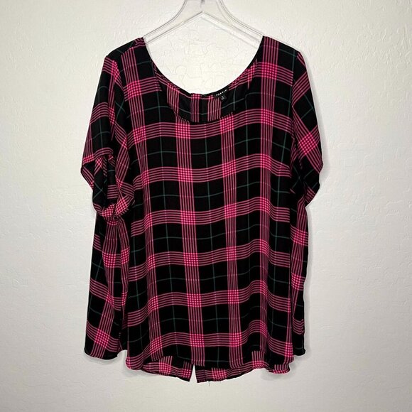 Torrid Pink and Black Georgette Plaid Button Back Sheer Blouse 4 4X 26 - Picture 3 of 8